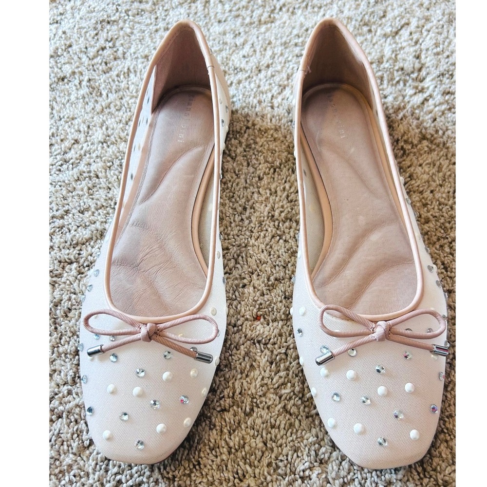 Gianni Bini Bridal Blush Mesh Rhinestone Pearl Bow Square Toe Ballet Flats 8M